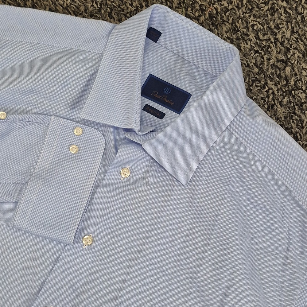 David Donahue Dress Shirt 17.5 36/37 Regular Blue Textured Cotton Long Sleeve